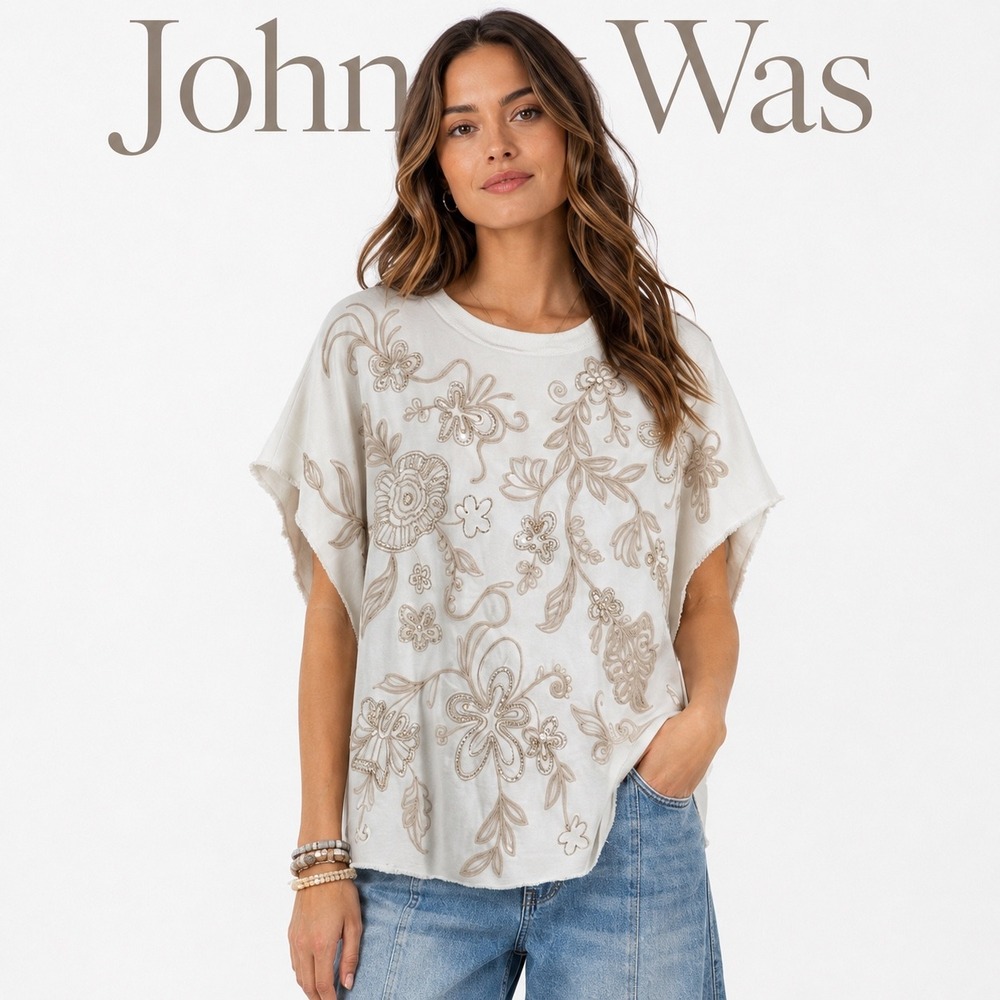 Johnny Was White French Terry Poncho Adelaide Floral Embroidered Beaded Top